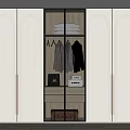 White Arched Wardrobe Design With Glass Door Hanging Clothes Folded Items And Storage Boxes