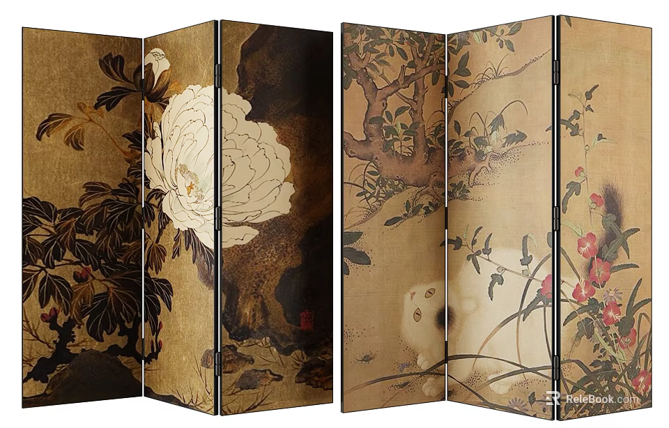 Traditional Chinese Four Panel Folding Screen With Peony And Rabbit Paintings 3d model