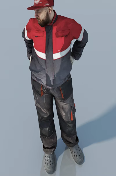 Man In Red And White Striped Top With Dark Work Pants Hands Behind Back 3d model