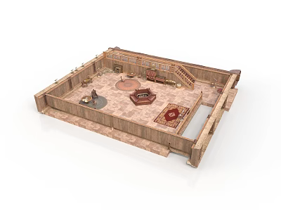 Traditional Building Interior With Wooden Structure Open Layout Multiple Carpets And Furniture 3d model