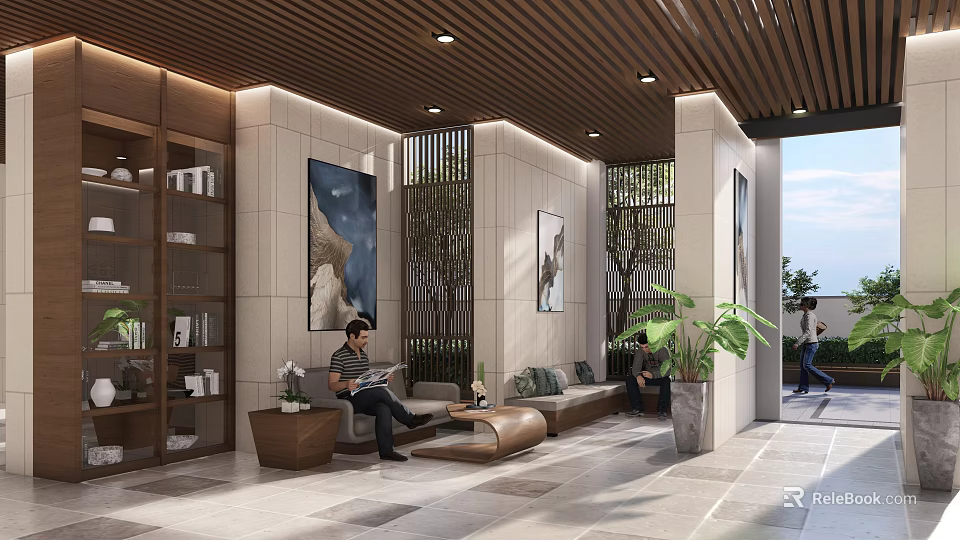 Modern Front Desk Reception Interior With Sofa Decor And Green Plants 3d model 