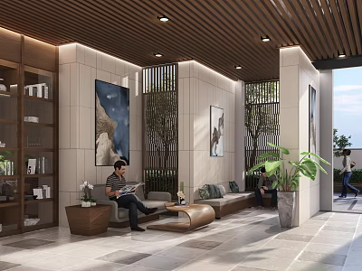 Modern Front Desk Reception Interior With Sofa Decor And Green Plants 3d model