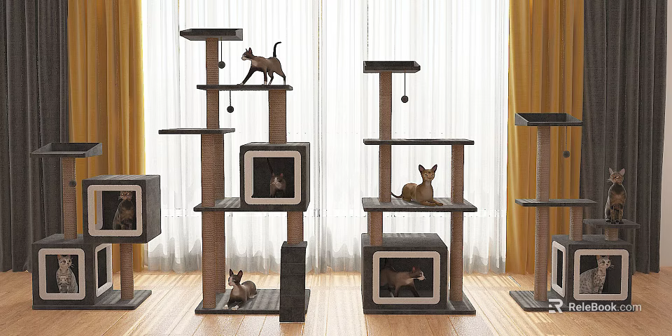 Multi Level Cat Trees With Cats For Home Decor 3d model