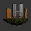 Industrial Square Platform With Orange Equipment Cabinet Silver Cylindrical Tank And Metal Railings