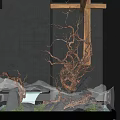 Indoor Landscape Featuring Large Dried Tree Branches Mist Stones Green Plants Gray Walls And Wooden Accents