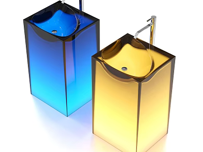 Two Contemporary Transparent Washbasins In Blue And Yellow With Chrome Faucets 3d model