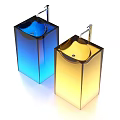 Two Contemporary Transparent Washbasins In Blue And Yellow With Chrome Faucets