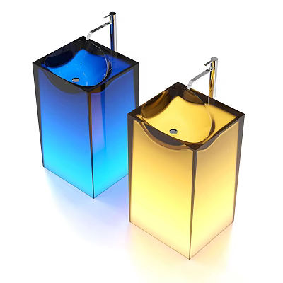 Two Contemporary Transparent Washbasins In Blue And Yellow With Chrome Faucets 3d model