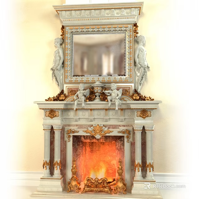 Classic Marble Fireplace With Ornate Mirror And Angel Statues And Burning Flames Design 3d model 