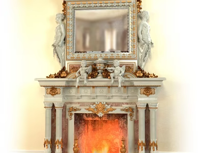 Classic Marble Fireplace With Ornate Mirror And Angel Statues And Burning Flames Design 3d model