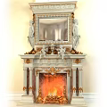 Classic Marble Fireplace With Ornate Mirror And Angel Statues And Burning Flames Design