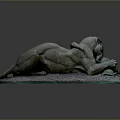 Realistic Bronze Panther Sculpture Lying On Textured Base With Intricate Details