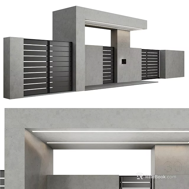Modern Entrance Gate With Concrete Frame Metal Vertical Slats And Integrated Lighting 3d model 