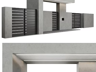 Modern Entrance Gate With Concrete Frame Metal Vertical Slats And Integrated Lighting 3d model