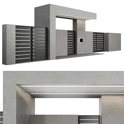 Modern Entrance Gate With Concrete Frame Metal Vertical Slats And Integrated Lighting 3d model
