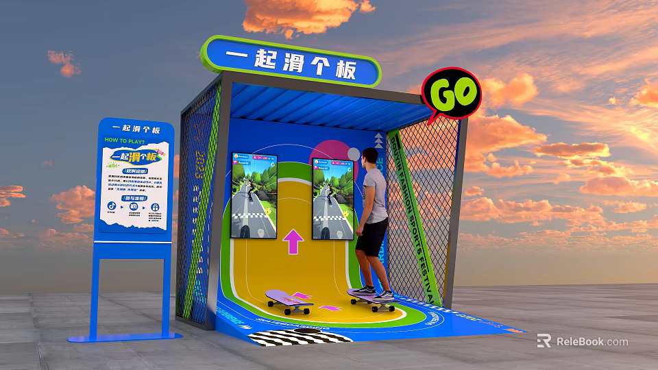 Interactive Skateboard Experience Facility With Screens Person And GO Sign Under Colorful Structure During Sunset 3d model 