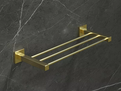 Stylish Golden Towel Rack Installed On Dark Gray Marble Wall Surface 3d model