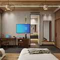 Cozy Wooden Hotel Guest Room With Twin Beds Mountain View Window TV And Curtains