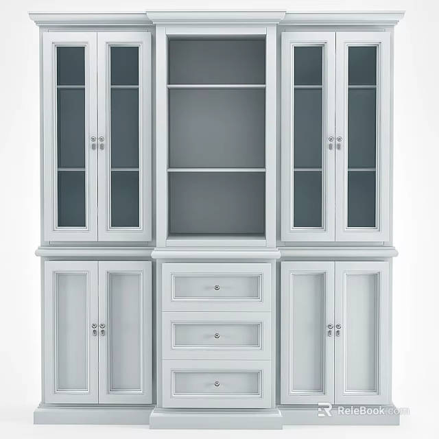 White Dresser Cabinet With Glass Doors Open Shelves And Storage Drawers 3d model 