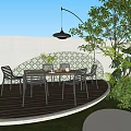 Serene Outdoor Garden Landscape With Wooden Deck Table Chairs Patterned Tile Wall And Green Plants