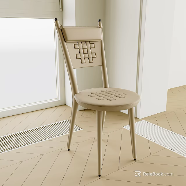 Beige Single Chair With Woven Back And Seat In Modern Interior Wooden Floor 3d model 