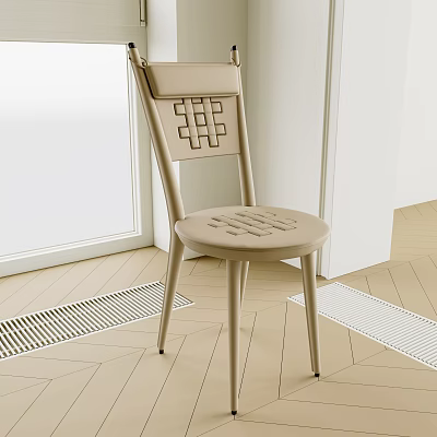 Beige Single Chair With Woven Back And Seat In Modern Interior Wooden Floor 3d model