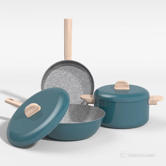 Teal Kitchen Cookware Set With Wooden Handles Pots And Non Stick Pans 3d model 