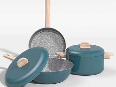 Teal Kitchen Cookware Set With Wooden Handles Pots And Non Stick Pans 3d model