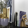 Elegant Decorative Ornament Set With Gold Purple Vases Olive Plants Artworks And Books