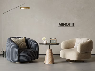 Elegant MINOTTI Negotiation Table And Chairs With Blue Beige Seats Floor Lamp Gray Wall 3d model