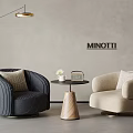 Elegant MINOTTI Negotiation Table And Chairs With Blue Beige Seats Floor Lamp Gray Wall