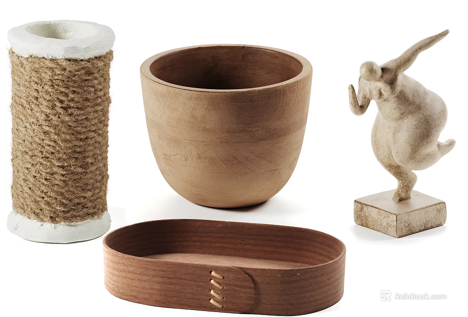 Decorative Ornament Set with Twine Wrapped Cylinder Wooden Bowl Oval Tray and Figure Sculpture 3d model 