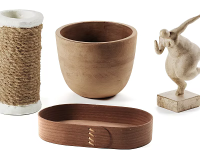 Decorative Ornament Set with Twine Wrapped Cylinder Wooden Bowl Oval Tray and Figure Sculpture 3d model