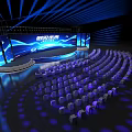 Innovative Future Themed Stage With Blue Lighting Large Screen And Chairs 3d model