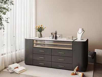 Black Cabinet With Drawers Glass Top Vase Stationery Jewelry Shoes And Curtains 3d model
