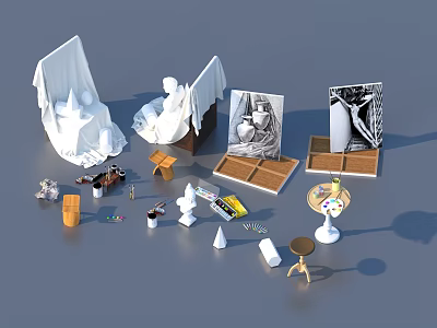 Art Supplies Collection Featuring Plaster Sculptures Drawing Boards Paints And Tools 3d model