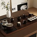 Elegant Modern Tea Set On Wooden Tray With Dark Brown Cups Teapot And White Vase