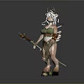 Ethereal Mythical Woman With White Long Hair Antlers Green Outfit Staff And Deer Legs