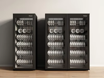 Haier Black Kitchen Sterilizers Two Units With Organized Dishes And Bowls Storage 3d model