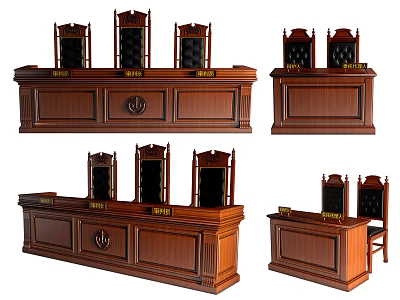 Traditional Wooden Court Furniture With Judge Bench And Carved Leather Chairs 3d model
