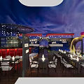 Rooftop Bar with Starry Sky Ceiling City Night View and Neon Signs Comfortable Tables Chairs