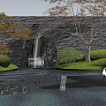 Modern Courtyard Garden Design With Waterfall Stone Wall Trees Grass And Reflection Pool