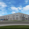 Modern Industrial Factory Building With White Exterior Large Glass Windows Green Lawn And Blue Sky