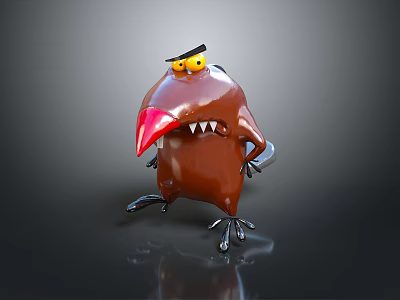 Cartoon Brown Bird Game Movie Character With Red Beak Yellow Eyes Sharp Teeth Black Claws 3d model