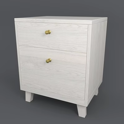 White Wooden Nightstand With Two Drawers Gold Knobs And White Legs For Bedroom 3d model