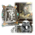 Vintage Decorative Ornament Set with Framed Painting Small Frame Silver Teapot Green Accents and Tray