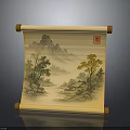 Traditional Chinese Landscape Scroll With Mountains Trees Cottage And Red Seal