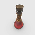 Three Decorative Glass Bottles With Red Blue Yellow Liquids Gold Patterns And Wooden Stoppers