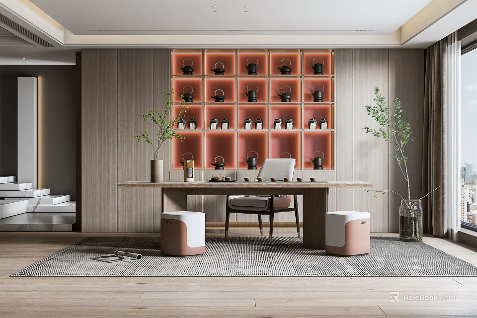 Modern Open Tea Room Interior Design With Stylish Decor And Spacious Layout 3d model