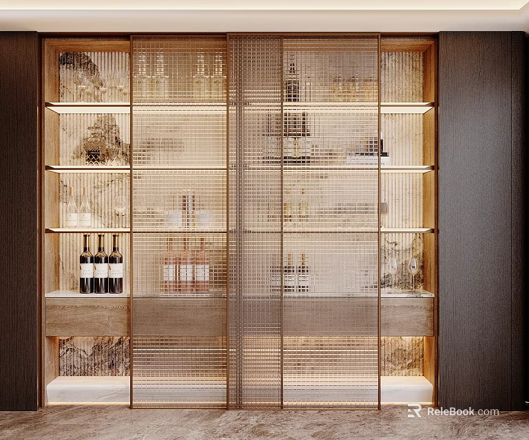Elegant Modern Display Cabinet Featuring Glass Doors And Wine Bottles With Warm Lighting 3d model 